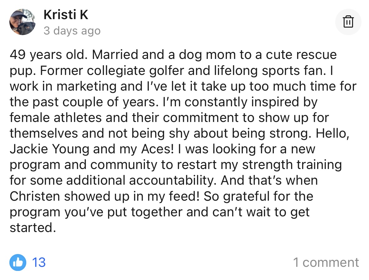 Community chat screenshot from inside Sports Bra Strength